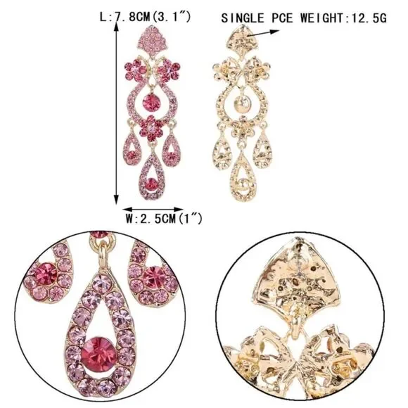 Yellow Gold with Pink Sapphire Austrian Crystal Flower Vase Chandelier Earrings